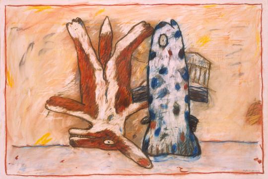 An abstract painting featuring organic, branching shapes in brown and a tall, blue speckled form on a warm beige background with a pink border.