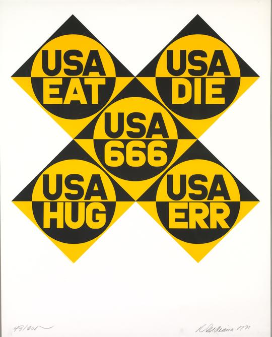 Pop art print composed of five diamond-shaped panels arranged in a cross formation, each with bold yellow and black text. The words read ‘USA EAT,’ ‘USA DIE,’ ‘USA 666,’ ‘USA HUG,’ and ‘USA ERR.’ The design features strong geometric symmetry and high-contrast colors, characteristic of Robert Indiana’s style.