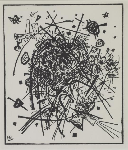 An abstract black and white drawing filled with intersecting lines, geometric shapes, and swirling forms, creating a dynamic and chaotic composition within a square frame.