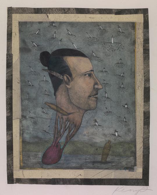 A painted portrait of a person in profile with hair tied back, set against a textured blue-gray background and framed with a patterned border.