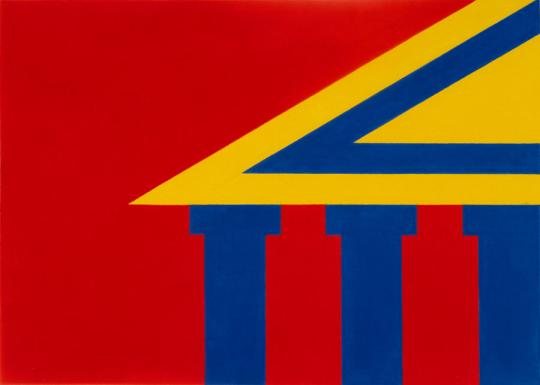 Minimalist geometric artwork featuring the corner of a classical pediment structure rendered in bold, flat colors. Three blue columns support a yellow triangular roof outlined in blue, set against a vivid red background. The clean lines and strong color contrast evoke Sol LeWitt’s conceptual and architectural style.