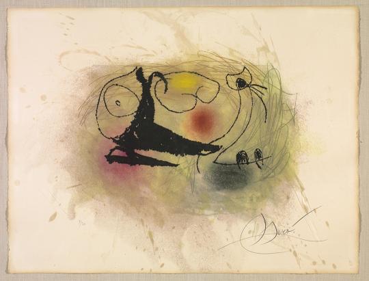 Abstract painting featuring soft washes of color—yellow, red, blue, and green—over a light beige background. Thin black lines and whimsical shapes suggest organic movement, with a dark triangular form in the center. The composition evokes a dreamlike, surreal quality reminiscent of Joan Miró’s playful abstract style