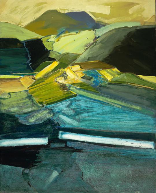 Abstract landscape painting featuring layered planes of color in green, yellow, blue, and teal tones. Broad, angular brushstrokes suggest rolling hills and water under a hazy sky. The composition balances geometric structure with expressive movement, creating a sense of depth and atmosphere
