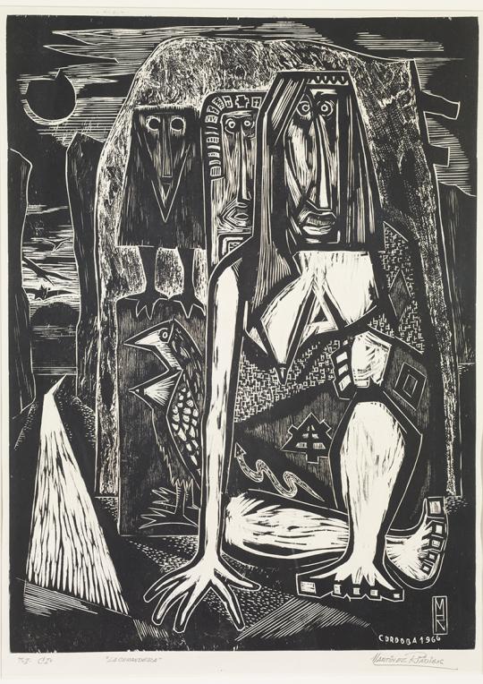 Black-and-white print depicting a crouching human figure enclosed within an abstract, textured environment. The figure’s limbs are angular and expressive, surrounded by rough, carved lines and dense shading. The composition conveys emotional tension and confinement, characteristic of mid-20th-century expressionist printmaking