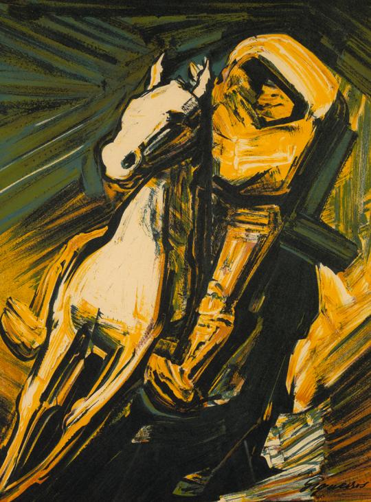 Dynamic painting depicting a figure in motion beside a rearing white horse. The composition uses bold, sweeping strokes in shades of yellow, green, and black, creating a sense of energy and intensity. The figure appears heroic or defiant, rendered in an expressive, dramatic style characteristic of Mexican muralist David Alfaro Siqueiros.