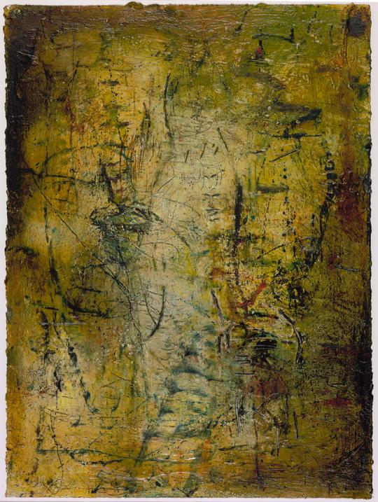 Abstract painting with layered textures in shades of ochre, brown, and green. Delicate black lines and markings intersect across the surface, creating a web-like composition. The work has an earthy, weathered appearance, evoking organic forms and a sense of depth through translucent color washes