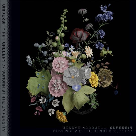A dark, dramatic still-life composition featuring a bouquet of various flowers — including pink roses, white lilies, yellow tulips, and blue delphiniums — arranged against a black background. The lighting highlights the textures and colors of the petals, evoking a classic Dutch painting style.