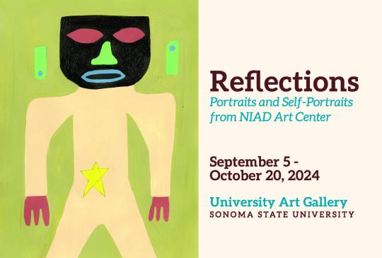 Reflections: The 2024 SSU Art & Art History Junior Block Art Exhibit," running from September 3 to October 20, 2024, at the University Art Gallery. The flyer features colorful abstract artwork of a human figure with a dark mask-like face and geometric shapes, with event details in red, brown, and green text on a white background.