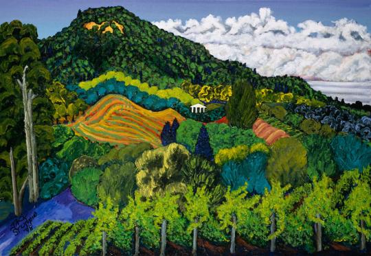 A vibrant landscape painting depicting rolling green and yellow hills, a forested mountain, and a bright blue sky with white clouds, rendered in bold, expressive colors.