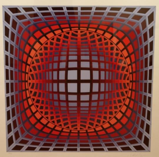 Optical art painting featuring a grid of red, orange, and purple squares that curve inward toward the center, creating the illusion of a spherical form receding into space. The geometric pattern produces a dynamic sense of depth and movement, characteristic of Victor Vasarely’s op art style